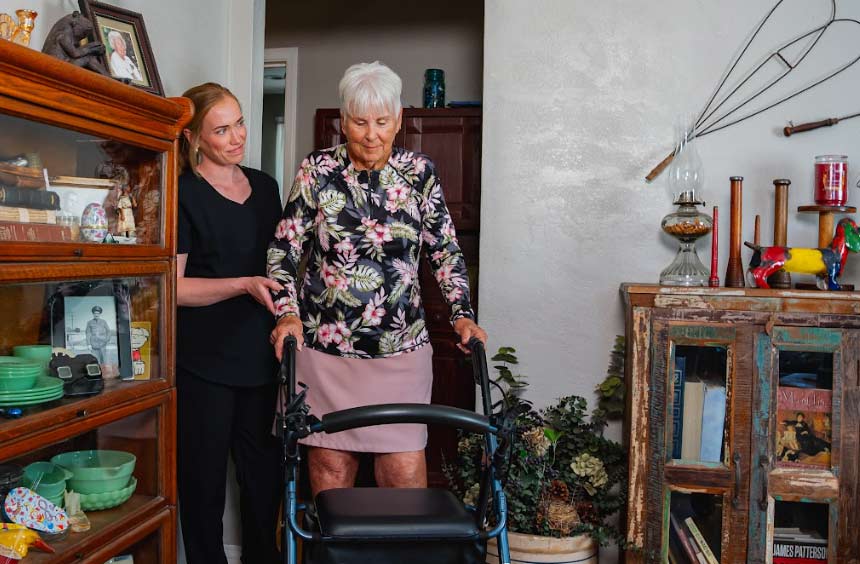An Amdal In-Home Care in Lindsay, CA professional providing specialized senior support and comfort to a senior client to ensure proper circulation
